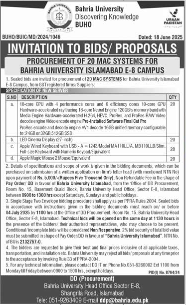 Bahria University Islamabad Tender Notice